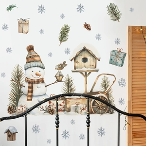 Christmas snowman and birdhouse wall stickers for cozy bedroom festive wall decoration
