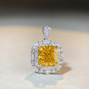 S925 sterling silver necklace with radiant cut yellow diamond pendant and pavé stones