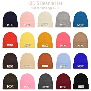 Grid view of kids knitted beanie hats in 20 colors with MINI embroidery for ages 2-7