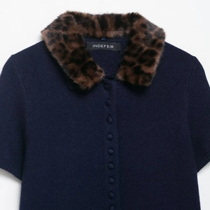 Dark blue short sleeve knit cardigan featuring leopard print faux fur collar and buttons