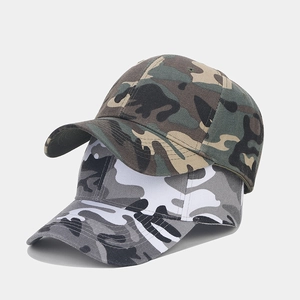 Vertical view of jungle and urban camouflage baseball caps in durable cotton canvas