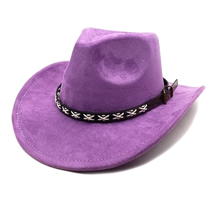Detail of purple suede cowboy hat with black leather belt and white cross stitching
