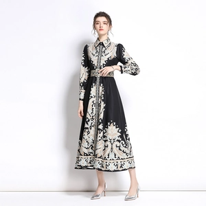 Elegant long sleeve maxi dress with ethnic paisley print and matching waist belt