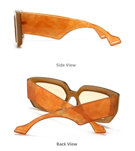 Detail view showing thick amber tortoise shell temples of retro rectangular sunglasses