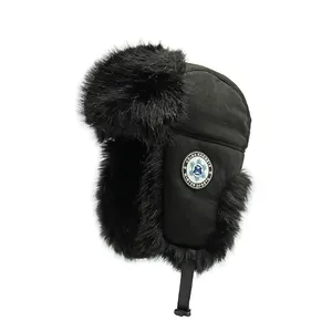 Thick black trapper hat with ear flaps and warm faux fur for winter outdoor sports