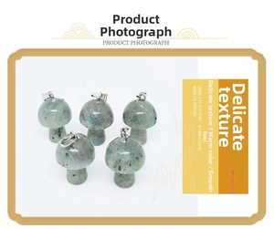 Set of five polished mushroom pendants made of natural grey-green labradorite gemstone