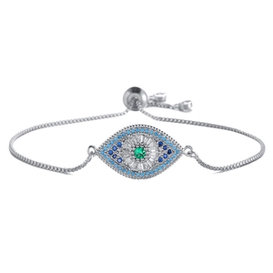 Adjustable evil eye box chain bracelet with colorful cubic zirconia and sliding clasp