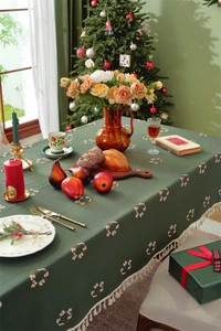 Green Christmas cotton tablecloth with floral embroidery and tassel fringe edges