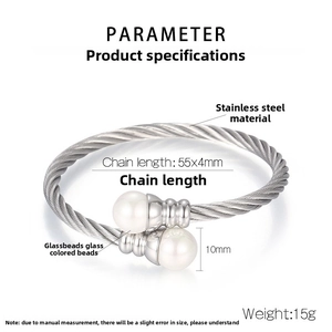 Detail of twisted stainless steel cable bracelet with 10mm white pearls and dimensions