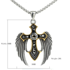 Titanium steel cross pendant necklace with angel wings and black crystals, 48mm width