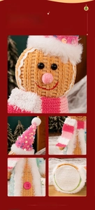 Detailed views of gingerbread plush texture, sequined hat, and striped scarf decor