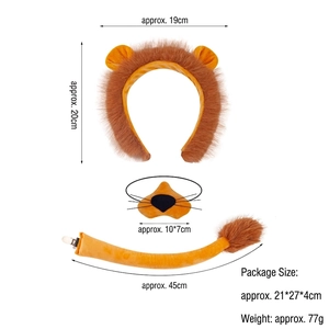 Three-piece lion costume set showing headband, nose, and tail dimensions with measurements