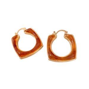 Vintage 18k gold plated resin square hoop earrings with amber tortoise shell pattern