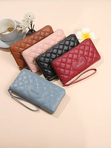 Quilted faux leather long wallets for women with wristlet strap and heart pattern