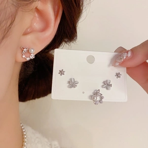 Flower Butterfly Round Hoop Stud Earrings With 925 Sterling Silver Earring Post Copper Zircon Faux Artificial Pearl Elegant Jewelry Women