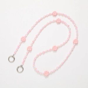 Pink and white beaded flower cross-body phone chain with silver metal rings