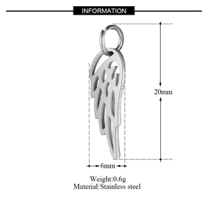 Polished stainless steel wing pendant 20mm charm with technical dimensions info