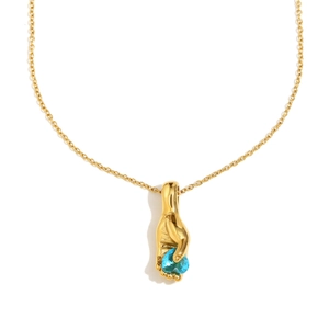 Collier en acier inoxydable plaqué or 18K avec main tenant une pierre bleue en poire