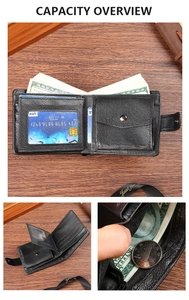 Macro view of men's vintage PU leather wallet showing large capacity slots and coin pocket
