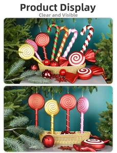 Close-up of colorful Christmas candy ornaments hanging on a festive evergreen tree