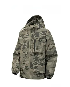 Detail of men's camouflage windbreaker showing drawstring hood and zip utility pockets