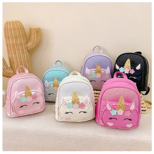 Detail view of colorful glitter unicorn backpacks in six colors for toddler girls