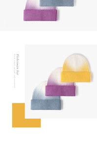 Close-up of ribbed knit texture on gradient beanies with wide folded cuff details
