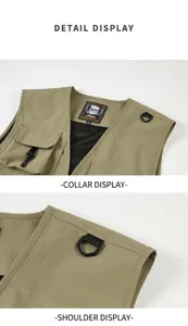 Detail view of khaki utility vest featuring V-neck label, D-ring and breathable mesh lining