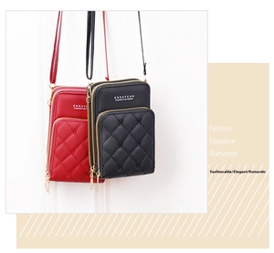 Close-up of quilted cell phone crossbody bags with gold zippers and metal brand logo