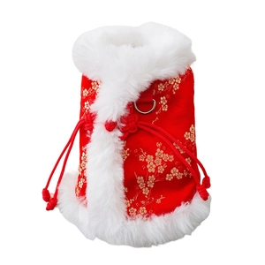 Chinese New Year festive red pet vest with gold floral print and white faux fur trim