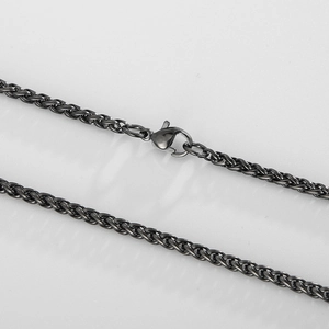 Macro detail of 3mm grey stainless steel wheat chain with durable lobster clasp