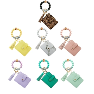 Silicone bead keychain bracelet with PU leather card wallet and tassel in seven colors