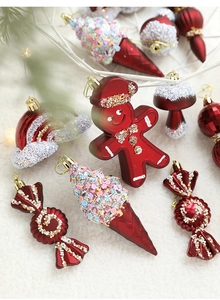 Burgundy Christmas ornaments with matte finish and glitter in gingerbread and candy shapes