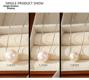 Detailed size comparison of 10mm 12mm and 14mm pink pearl pendants on silver chains