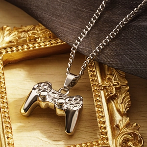 Retro game controller pendant in silver stainless steel on a vintage frame