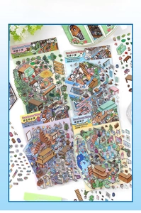 Macro view of 2.5D isometric style interior scene stickers for journaling and DIY crafts