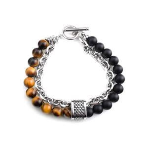Double-layered tiger eye and black agate bead bracelet with stainless steel link chain
