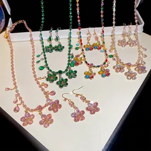 Copper Zircon Flower Teardrop Dangle Necklace And Earrings Elegant Luxury Jewelry For Women Party