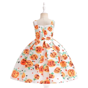 Back view of girl Halloween princess dress with pumpkin print and invisible zipper detail