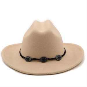 Beige wool felt western cowboy hat with black decorative band and engraved silver buckles
