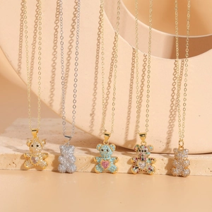 Chic bear pendant necklaces with multi-color heart zircons and elegant gold finish
