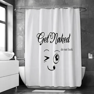 Moderner weißer Duschvorhang aus Polyester mit Get Naked Grafik und Emoji fürs Badezimmer