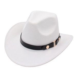 Western Cowboy Hat Wide Brim Polyester Felt Fedora With Faux Leather Belt Buckle Vintage Jazz Style For Men Women