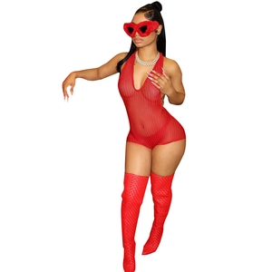 Sexy red halter neck cutout bodysuit with mesh fabric and matching accessories