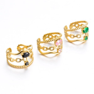 Three-layer gold stainless steel rings with colorful zircon stones and chain texture