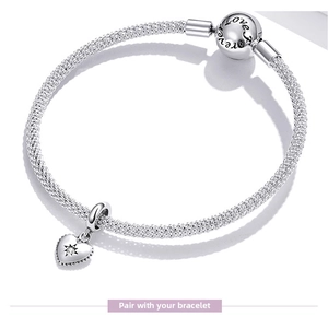 Detail of S925 silver mesh bracelet with heart charm and Forever Love engraving