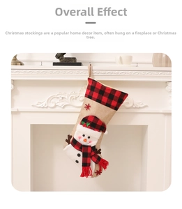 Detail of a Christmas stocking with 3D snowman and red plaid on a white fireplace