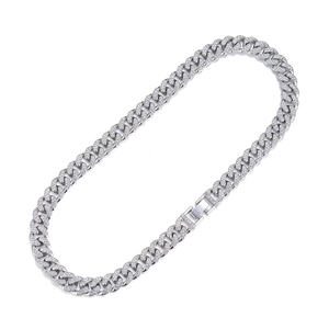 Detailed close-up of 13mm silver Cuban link necklace with sparkling crystals and box clasp