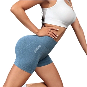 Pantaloncini yoga senza cuciture blu mélange a vita alta con scritta Running donna
