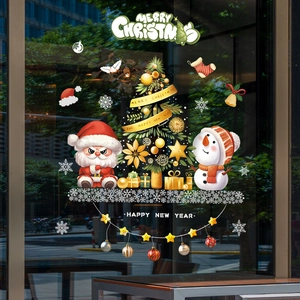 Christmas window decals set with cartoon Santa Claus and snowmen for glass decoration